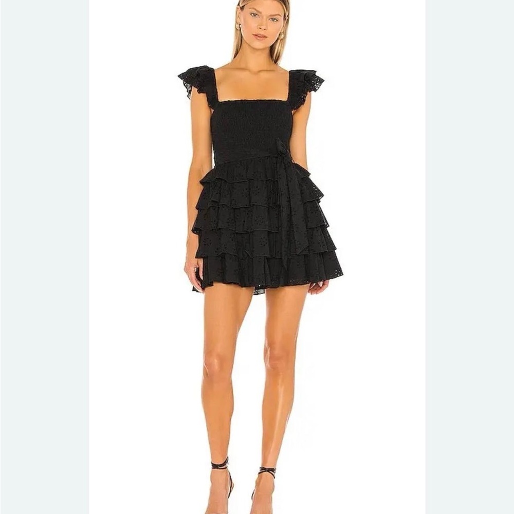 Tularosa Black Square-Neck Ruffle Tiered Mini Dress